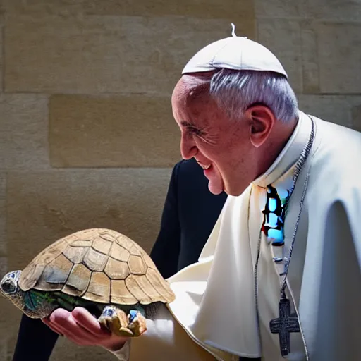 Image similar to the pope playing with his new pet turtle, photography, 8k hd resolution