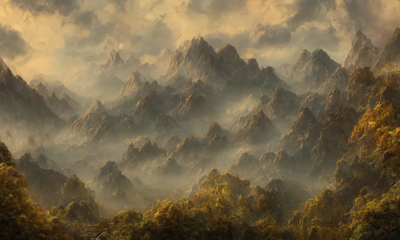 Image similar to breathtaking detailed soft painting of an aerial landscape in luxurious nature, mountains rockas at dawn with ribbons and golden petals flying, with intricate art nouveau moody dark tumultuous clouds, by dao trong le, artstation, concept art, matte, 8 k,