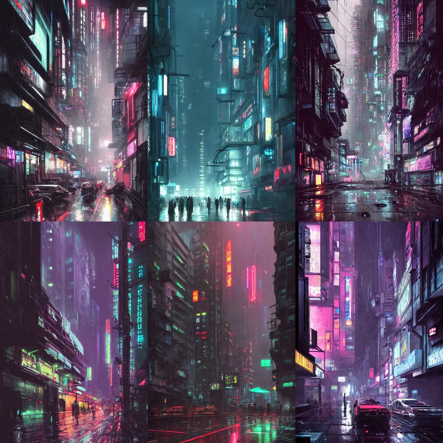 Prompt: a brutalist cyberpunk city street at night, raily season, very wet, neon lights and adds, architecture, a realistic digital painting by greg rutkowski and james gurney, trending on artstation, very highly detailed, 8 k