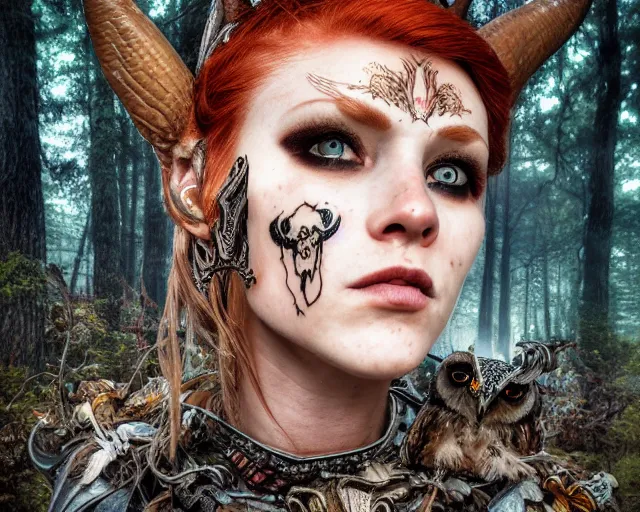 Image similar to 5 5 mm portrait photo of an armored gorgeous anesthetic redhead woman warrior with a face tattoo and horns growing from her head, and owl sitting on her shoulder in a magical forest in the style of stefan kostic, art by luis royo. highly detailed 8 k. intricate. lifelike. soft light. nikon d 8 5 0. cinematic post - processing