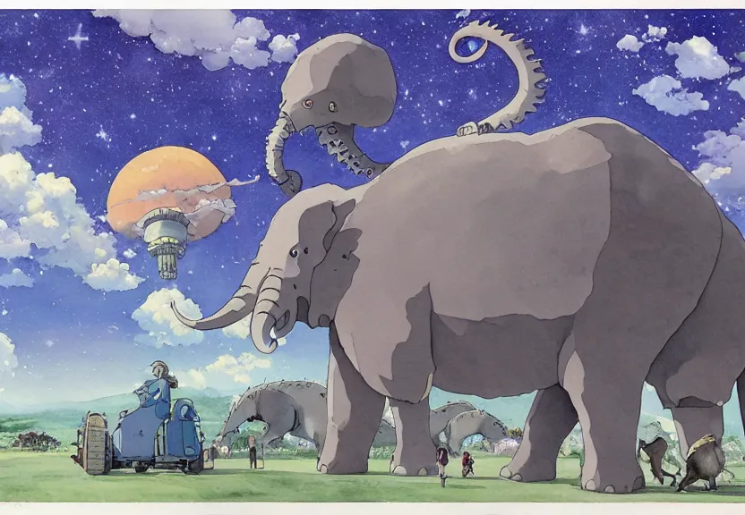 Prompt: a hyperrealist watercolor concept art from a studio ghibli film showing a giant grey lovecraftian mechanized elephant from howl's moving castle ( 2 0 0 4 ). a hindu is under construction in the background, in india on a misty and starry night. by studio ghibli. very dull muted colors