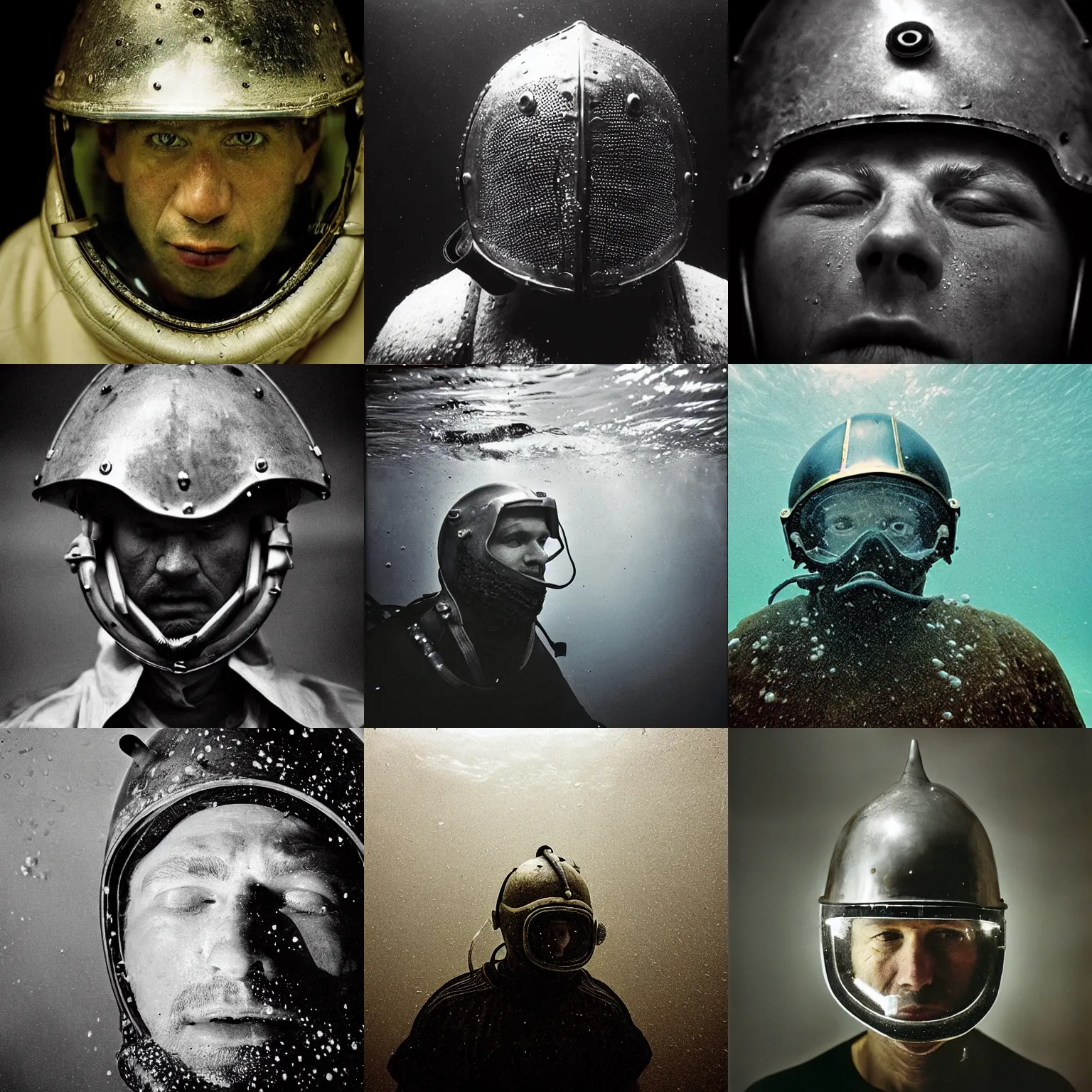 Image similar to Underwater close up portrait of a man in medieval helmet by Trent Parke, clean, detailed, Magnum photos