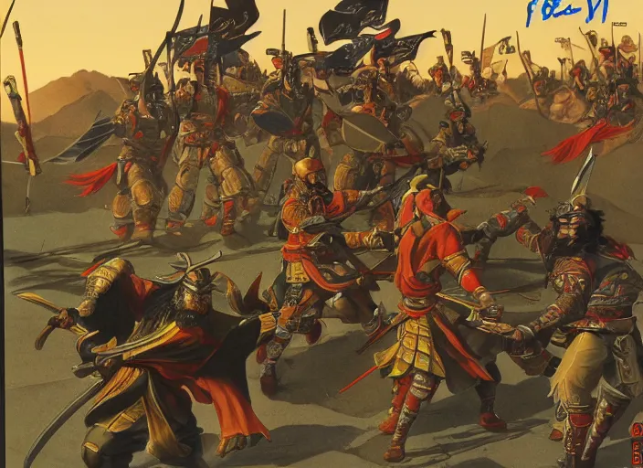 Image similar to lu bu versus zhang fei, guan yu, and liu bei as illustrated by ralph mcquarrie during the golden hour