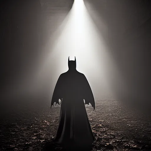 Image similar to the real vampire batman, cinematic lighting, god rays through fog, cape, cave, mood scary, film quality,