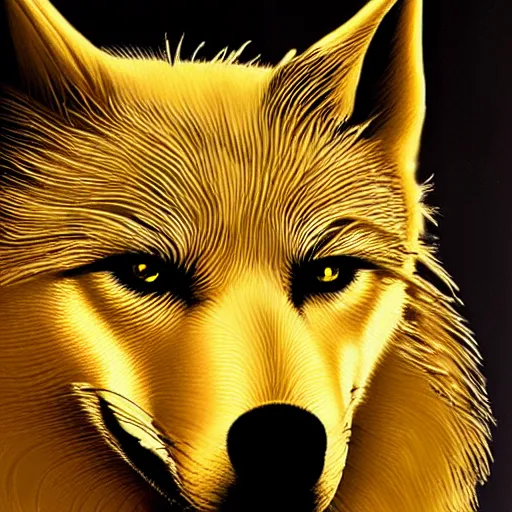Prompt: golden wolf with glowing purple eyes