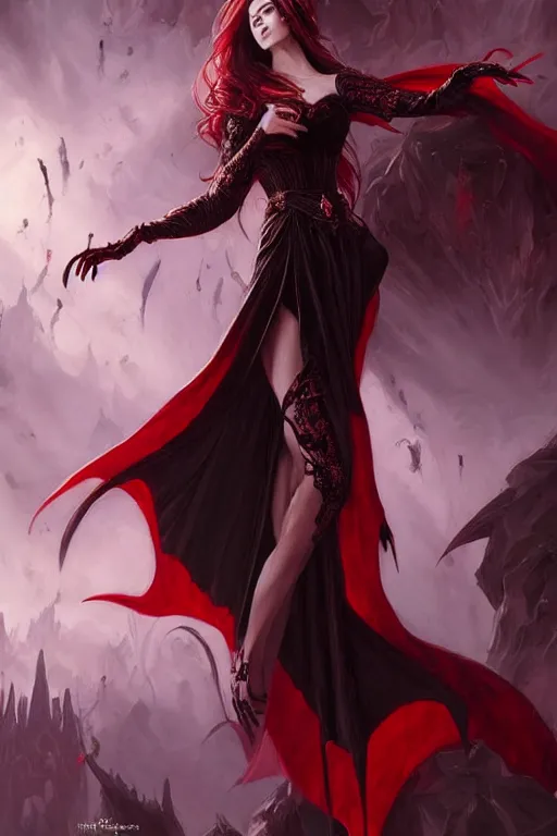 Image similar to Beautiful vampire female princess, black and red silk clothing, levitating above a pit of souls, Full body shot, D&D, fantasy, intricate, elegant, highly detailed, digital painting, artstation, concept art, matte, sharp focus, illustration, hearthstone, art by Artgerm and Greg Rutkowski and Alphonse Mucha