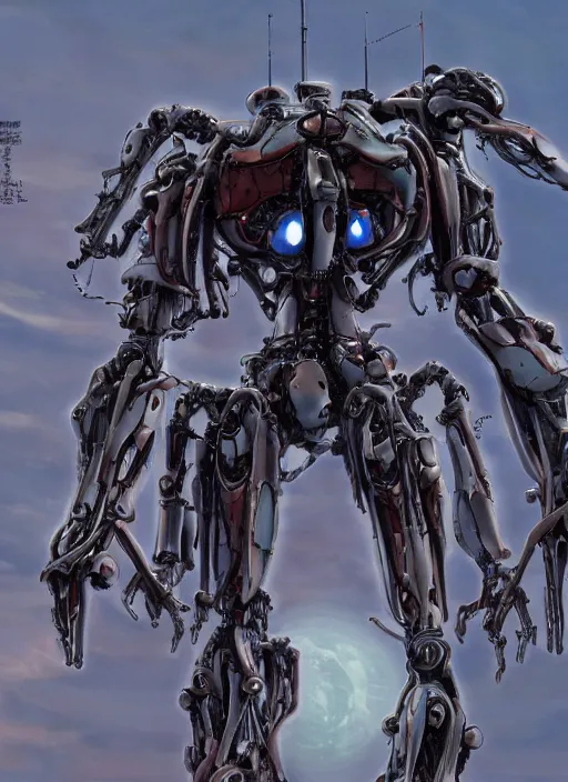 Image similar to mecha Evangelion by Yoshitaka Amano, by HR Giger, biomechanical, 4k, hyper detailed, hyperrealism, anime, a Blood Moon rising on a Broken World, deviantart, artstation