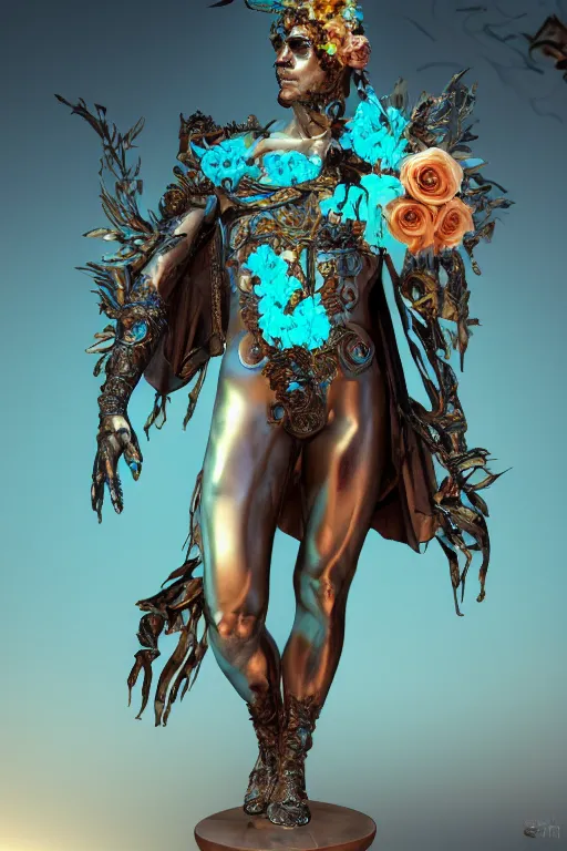 Image similar to a young handsome Spanish prince in a full-body bronze cyberpunk style statue of Icarus with glowing blue eyes, crown of peach roses, flowing teal-colored silk, fabric, flowers. baroque elements, human skull. full-length view. baroque element. intricate artwork by caravaggio. many many birds birds on background. Trending on artstation, octane render, cinematic lighting from the right, hyper realism, octane render, 8k, depth of field, 3D