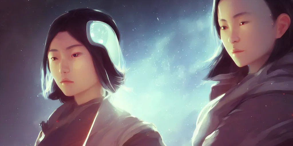 Image similar to Young Tibetan woman, somber white eyes, long, gentle lighting, piloting a small space shuttle, futuristic, dim lighting, digital art by Makoto Shinkai ilya kuvshinov and Wojtek Fus, digital art, concept art,