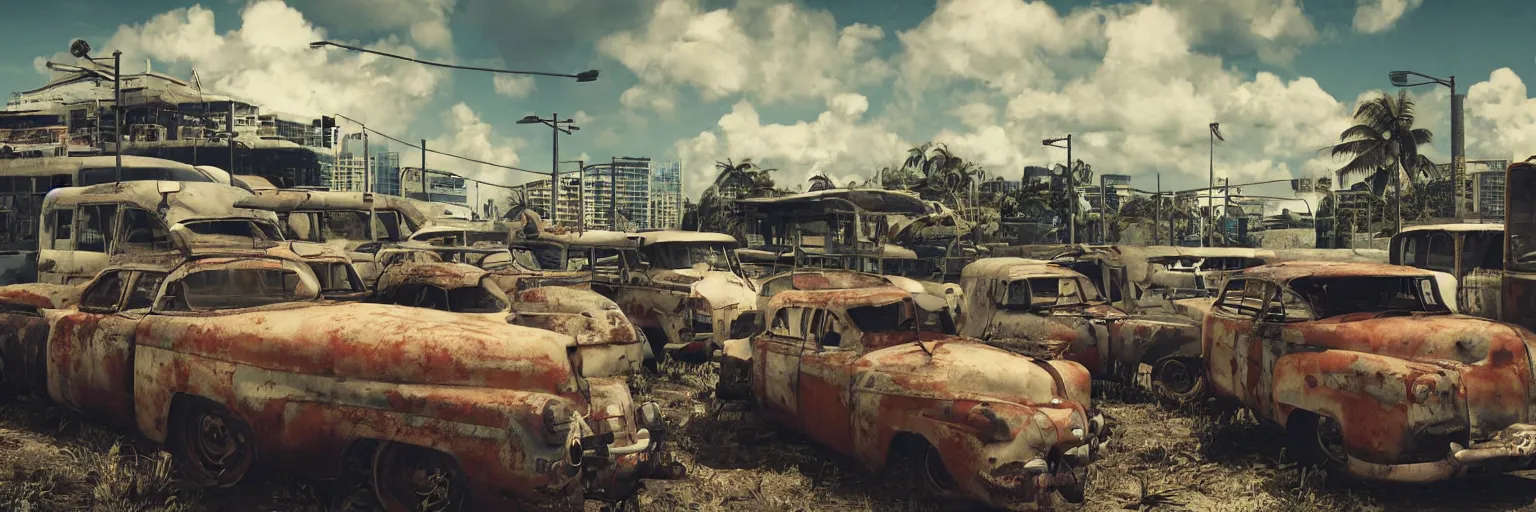 Image similar to fallout 5 : miami, outdoors ruined tropical city airport, rusted retro futuristic vintage styled parked cars, buses, trucks, atmospheric lighting, painted, intricate, volumetric lighting, summer, sunny weather, few clouds, sharp focus, deep colours, ultra detailed, by leesha hannigan, ross tran, thierry doizon, kai carpenter, ignacio fernandez rios