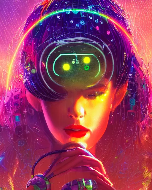 Image similar to a cyberpunk close up portrait of enchanting cyborg medusa, electricity, rainbow, snakes in hair, sparks, bokeh, soft focus, sparkling, glisten, water drops, cold, dark, geometric, temples behind her, by paul lehr, jesper ejsing