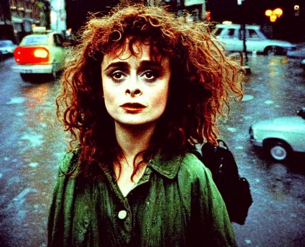 Image similar to closeup of young Helena Bonham Carter on the lower east side, Polaroid, raining!!!, nightime, colorful, 1970s, photorealistic, atmospheric,