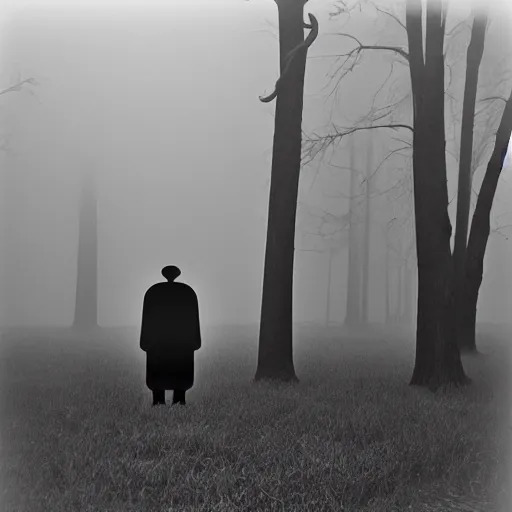 Prompt: old black and white photo of a giant humanoid figure floating in the distance, foggy, surreal, creepy, horror, scary,