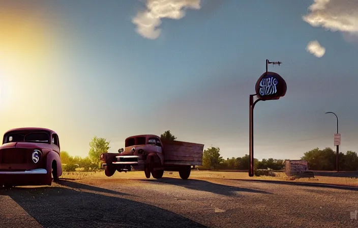 Image similar to A blinding backlight summer sunset landscape with historical route66 with abandoned gas station and a single old rusty pickup-truck. the summer light dimly illuminates, diffuse light, octane render, lots of sparkling details and sun ray’s, blinding backlight, smoke, volumetric lighting, 35 mm, beautiful reflections, heavenly, softlight