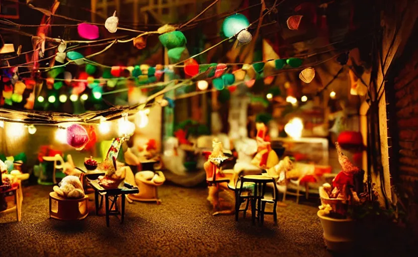 Image similar to mini cafe diorama macro photography, alleyway, cafe for felted animals, ambient, colorful paper lanterns, atmospheric photograph, string lights, romantic