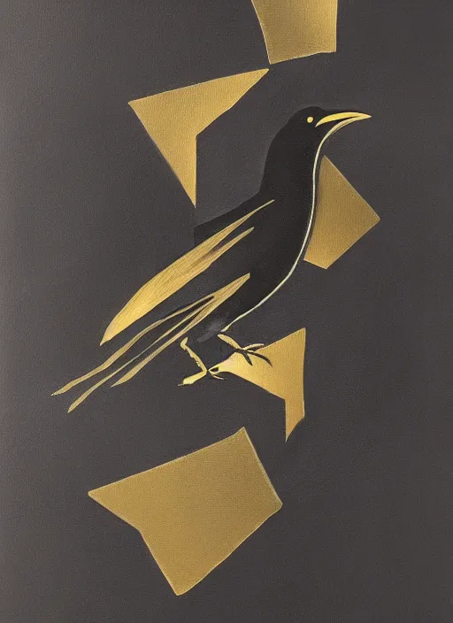 Prompt: crow, award - winning painting, gold and silver shapes, elegant, luxurious, beautiful, pitch black background, chiaroscuro