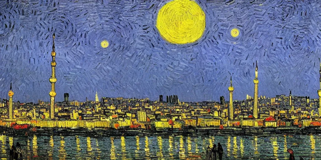 Prompt: tehran skyline in a winter night, a full moon, art by vincent van gogh