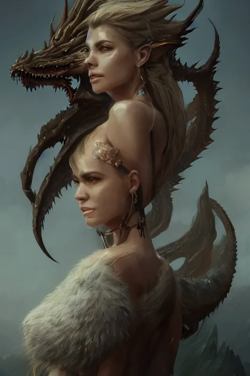 Image similar to a fancy portrait of an attractive women with both dragon and human DNA by Greg Rutkowski, Sung Choi, Mitchell Mohrhauser, Maciej Kuciara, Johnson Ting, Maxim Verehin, Peter Konig, final fantasy , mythical, 8k photorealistic, cinematic lighting, HD, high details, atmospheric,