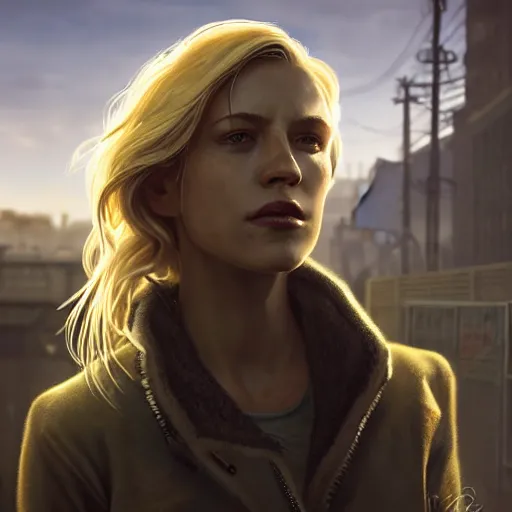 Image similar to fallout 5, charismatic beautiful rugged blonde female protagonist, portrait, outdoors ruined cityscape, atmospheric lighting, painted, intricate, volumetric lighting, beautiful, daytime, slight overcast weather, sharp focus, deep colours, golden hour, ultra detailed, by leesha hannigan, ross tran, thierry doizon, kai carpenter, ignacio fernandez rios