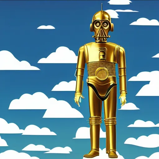 Image similar to full body portrait of Simpson as C3PO in star wars, background blue sky puffy clouds cinematic 4k