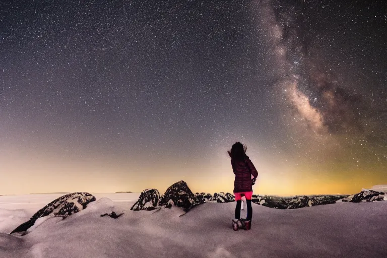 Prompt: a girl standing on a rock in snow and looking up at the milky way