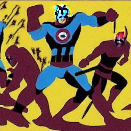 Prompt: a prehistoric cave painting of the avengers battling thanos