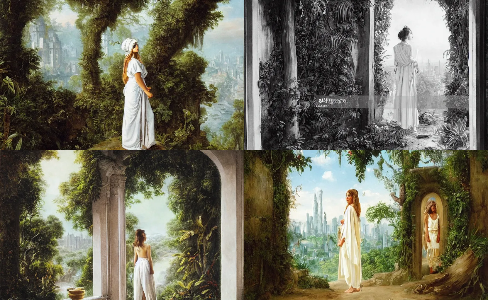 Prompt: A beautiful jungle princess wearing white robes stands in a doorway looking out over a fantastical city, by J. Allen St. John
