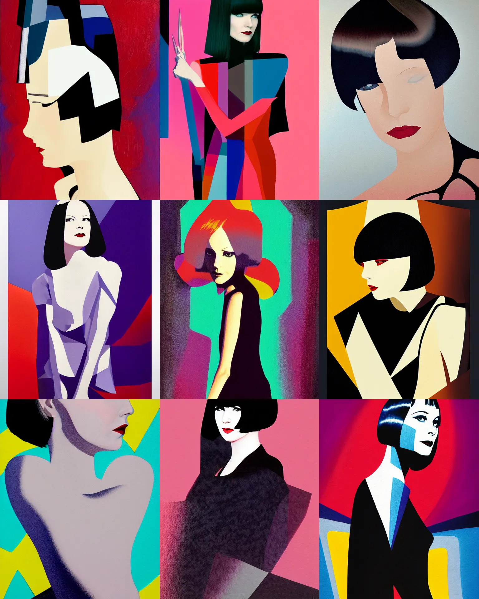 Prompt: full length portrait of mary louise brooks, shiny bob haircut, dramatic light, abstract geometric background, sunset, 3 colour print, high contrast, sharp, painted by stanley lau,, painted by stanley artgerm,, painted by patrick nagel, painted by ross tran