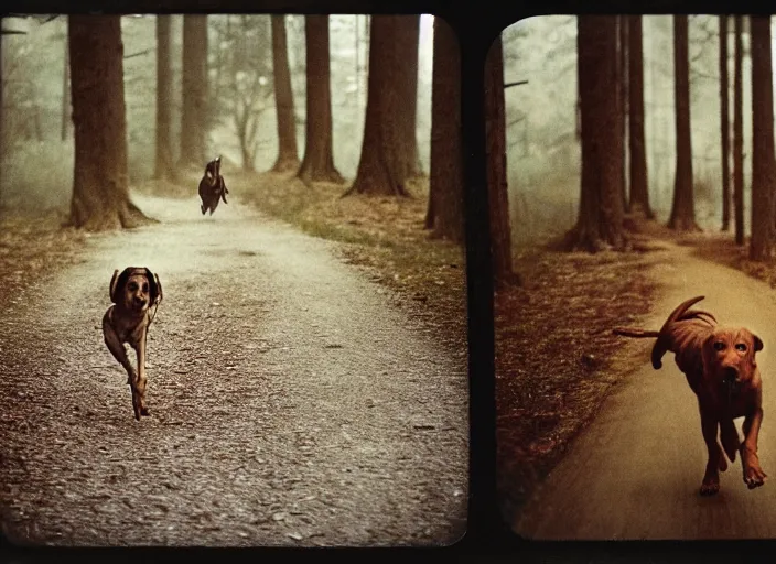 Image similar to medium shot, a young woman running towards the camera, a demon hound is chasing her, woods, polaroid photo, vintage, neutral colors, by gregory crewdson