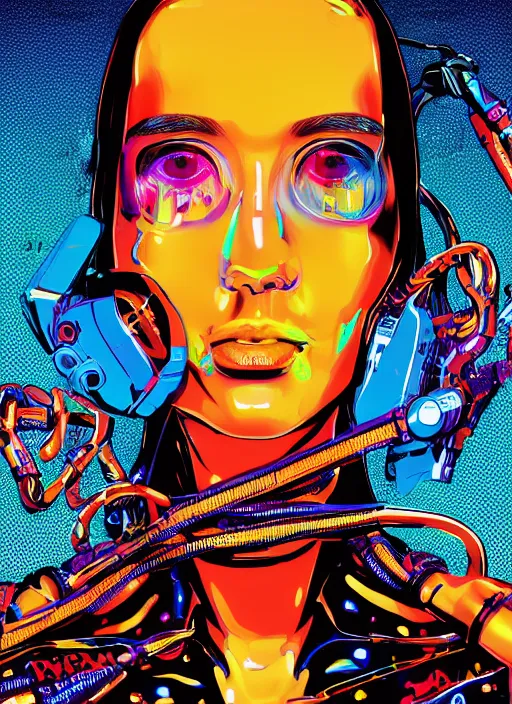 Image similar to extreme long shot, kodachrome, melting face, cyberpunk 2 0 y. o model girl, black reflect robe, wrapped in wires and piones, clear blue sky vintage style, looking straight ahead, in the style of yayoi kusama, technicolour, lineart, artstation