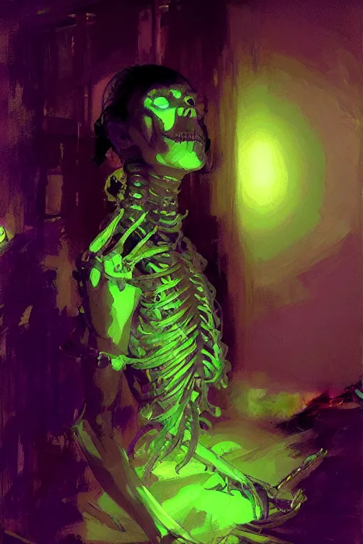 Image similar to neon green skeleton in a purple room portrait dnd, painting by gaston bussiere, craig mullins, greg rutkowski, yoji shinkawa