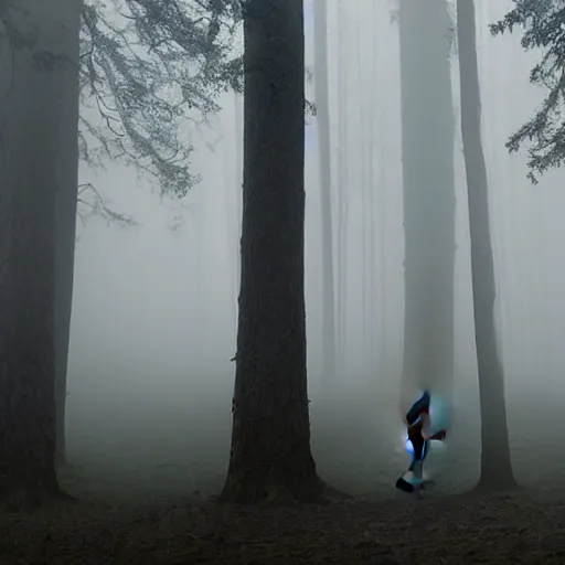 Image similar to an old photograph of a semi - transparent figure standing alone in a foggy forest, harsh lighting