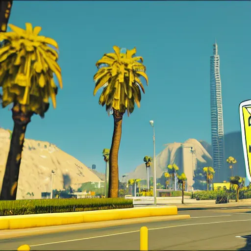 Image similar to yellow in gta v. los santos in background, palm trees in the art style of stephen bliss, 4 k