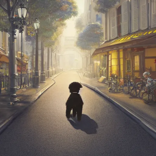 Image similar to a wholesome animation key shot of a black bernedoodle puppy riding a bike in paris, studio ghibli, pixar and disney painting, sharp, rendered in unreal engine 5, key art by greg rutkowski, bloom, dramatic lighting