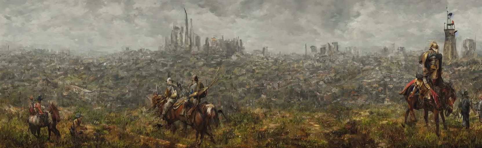 Image similar to horseback knights at scenic overlook; cloudy, grey skies, walled fort city deteriorating office buildings in background on hill; forest; la Bastille, post apocalyptic, grungy; oil on canvas, colorful, artstation