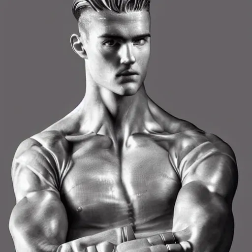 Prompt: a realistic detailed photo of a guy who is an attractive humanoid who is half robot and half humanoid, who is a male android, soccer player matthjis de ligt, shiny skin, posing like a statue, blank stare, in a living room, on display, showing off his muscles