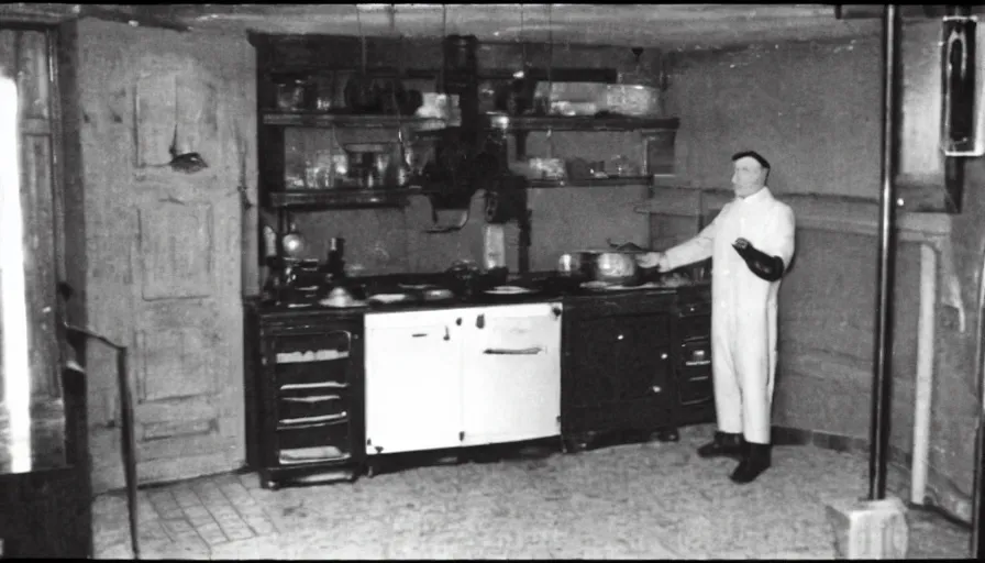 Image similar to a wax man in a stalinist style kitchen, by mini dv camera, very very low quality, heavy grain, very blurry, accidental flash, webcam footage, found footage, security cam, caught on trail cam