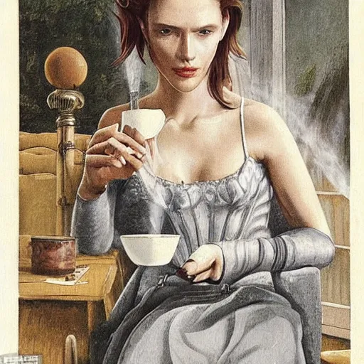 Image similar to nemesis from resident evil sits on a chair behind a coffee salt on a summer veranda and holds in his hand a small porcelain cup with tea from which steam comes out, in the stylization of romanticism paintings, detailed facial proportions