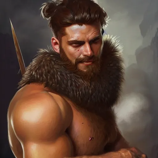 Prompt: portrait of a young rugged male barbarian, handsome, upper body, hairy torso!!!, D&D, muscular, fantasy, intricate, elegant, highly detailed, digital painting, artstation, concept art, smooth, sharp focus, illustration, art by artgerm and greg rutkowski and alphonse mucha