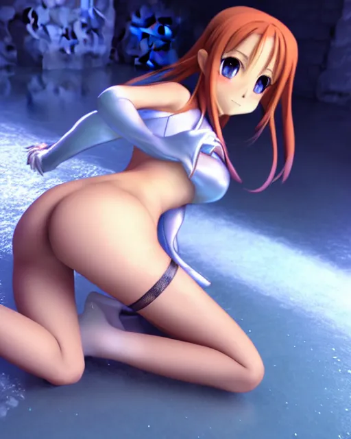 Image similar to pinup photo of asuna from sao in ice dungeon, asuna by a - 1 pictures, by gil elvgren, glossy skin, pearlescent, anime, very coherent, maxim magazine, 3 d, vray, unreal 5, octave rendey, maya, cgsociety