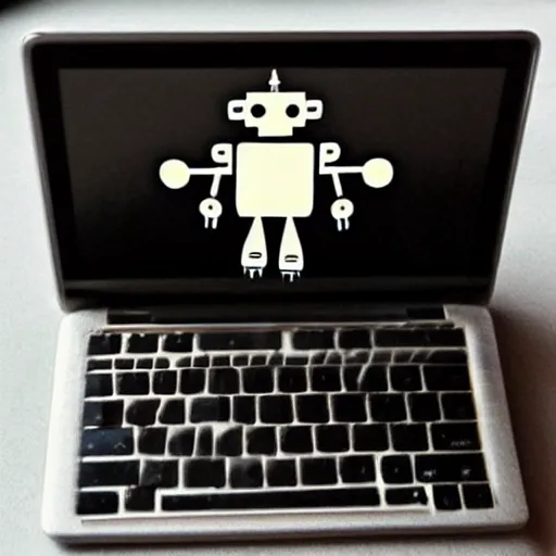 Image similar to “a cute mini robot using a laptop”