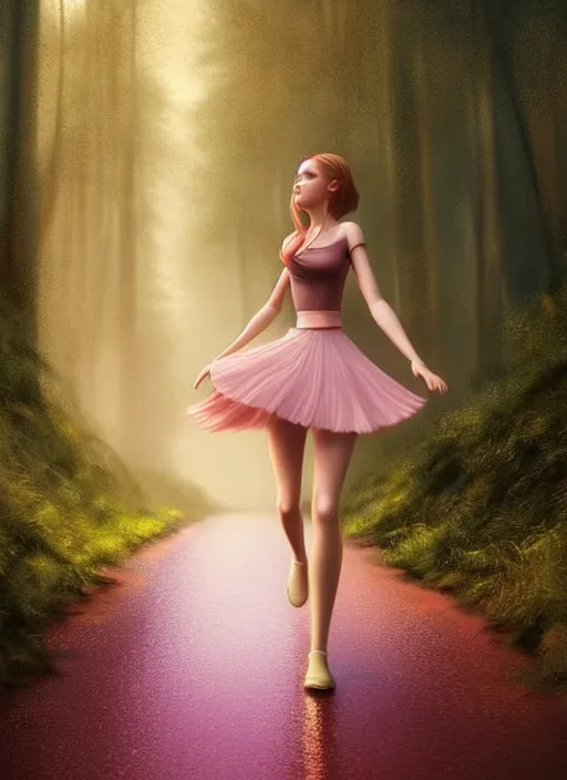 Image similar to young woman run in short pink skirt : : magic rainig forest nature : : weta disney pixar movie still photo : : decadent highly - detailed digital painting, full length shot, golden ratio, octane render, artstation, smooth, sharp focus, artgerm, mucha, loish, wlop, gogo