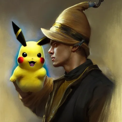 Prompt: stunning male master wizard and pikachu, highly detailed painting by gaston bussiere, craig mullins, j. c. leyendecker, 8 k