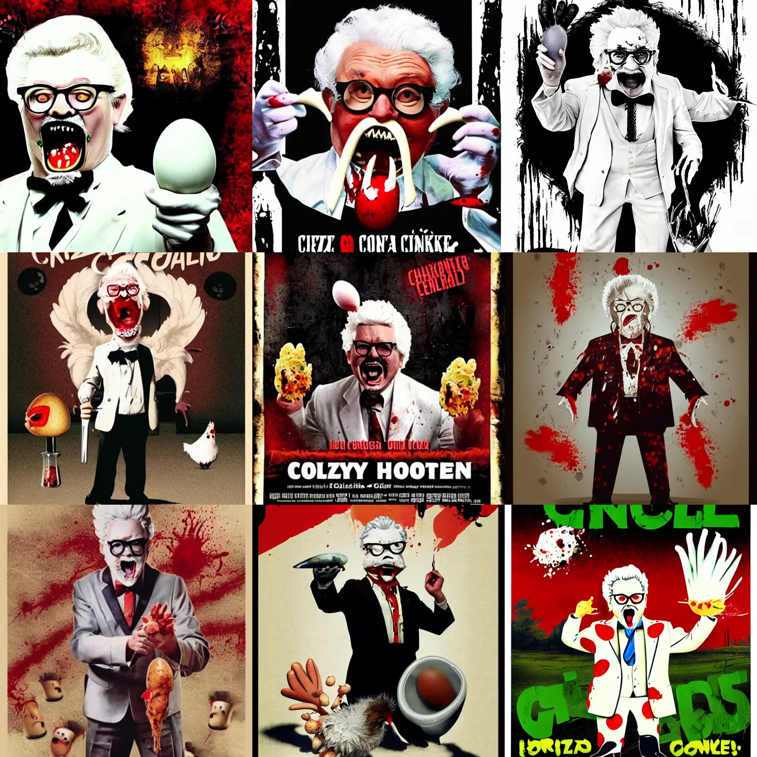 Prompt: horror film poster. crazy colonel sanders with sharp teeth. holding a chicken egg. blood splatter background realistic.
