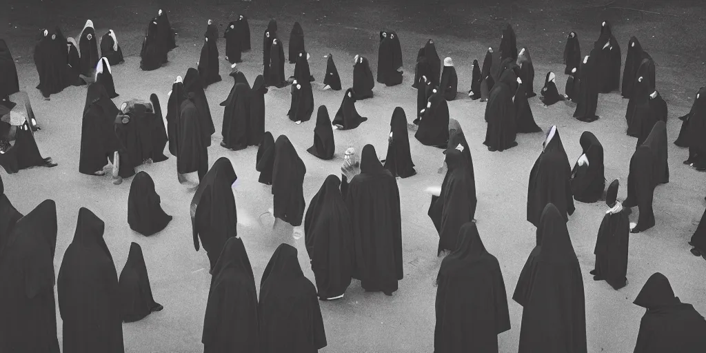 Image similar to black robed and hooded people point towards the viewer in a circle calling forth an eldritch horror, old film, 35mm film, found film, scary, ominous, frightening, ghastly, photorealistic