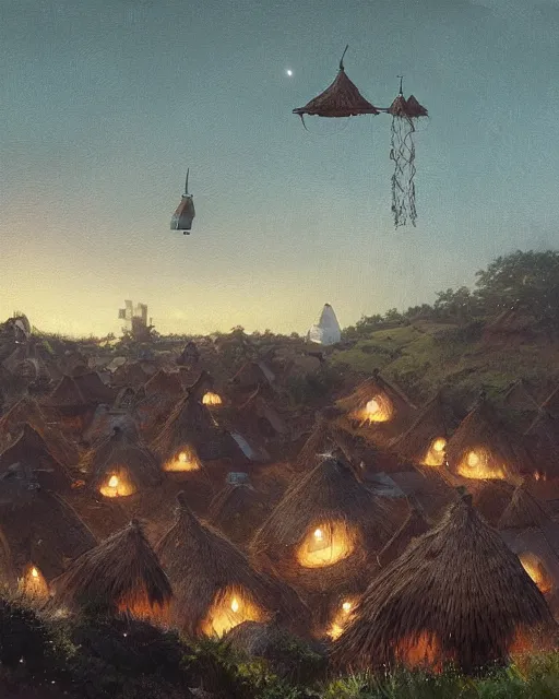 Image similar to Painting by Greg Rutkowski, a big ceramic jug with a gold ornament flies high in the night sky above a small village with built-up huts under thatched roofs