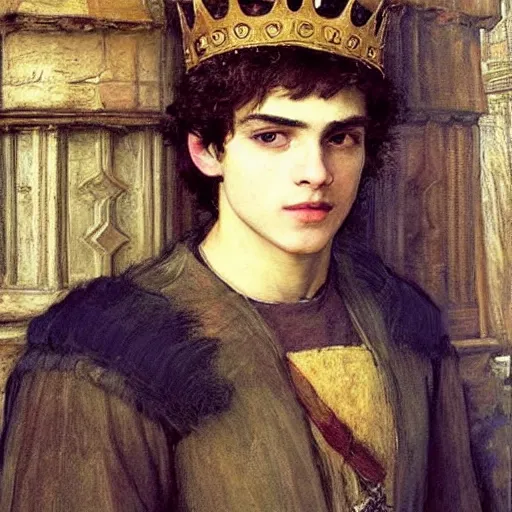 Image similar to painting of handsome beautiful medieval prince in his 2 0 s named shadow wearing a golden crown, elegant, soft facial features, delicate, clear, sharp focus, painting, stylized, art, art by john everett millais, john william waterhouse