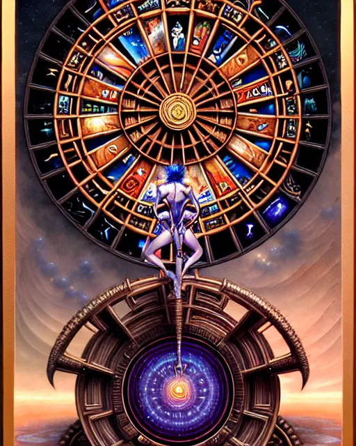 Image similar to the wheel of fortune tarot card, fantasy character portrait made of fractals, ultra realistic, wide angle, intricate details, the fifth element artifacts, highly detailed by peter mohrbacher, hajime sorayama, wayne barlowe, boris vallejo, aaron horkey, gaston bussiere, craig mullins