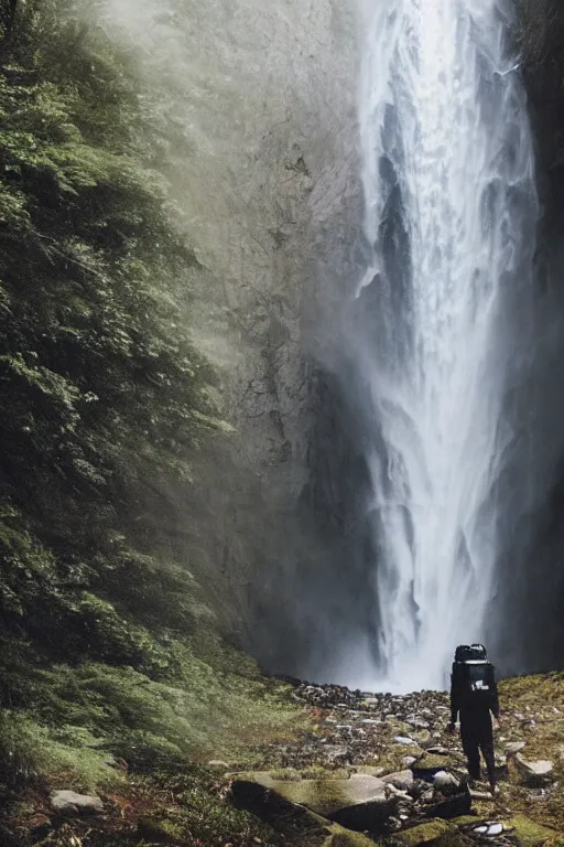 Prompt: photograph of an astronaut standing under a high waterfall, foggy, atmospheric