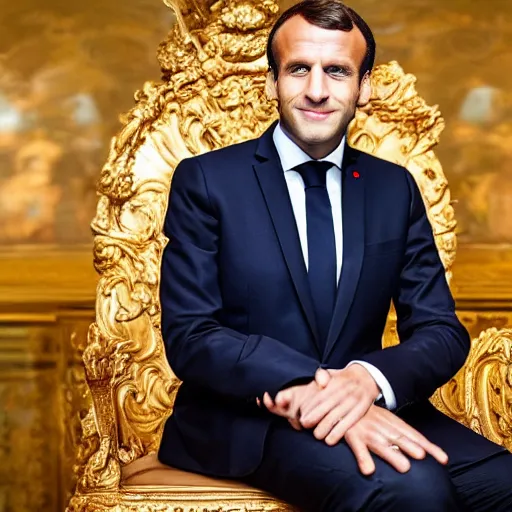 Prompt: emmanuel macron is sitting on the golden toilet, his trousers is down on his feet, detailed photography, 5 0 mm lens,